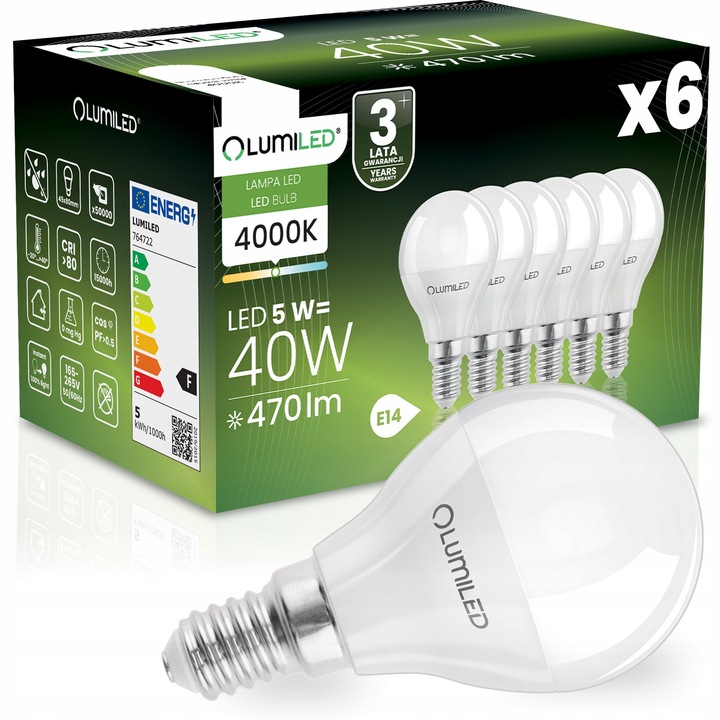 6x Żarówka LED E14 Kulka 5W = 50W 470lm 4000K Neutralna LUMILED NIE