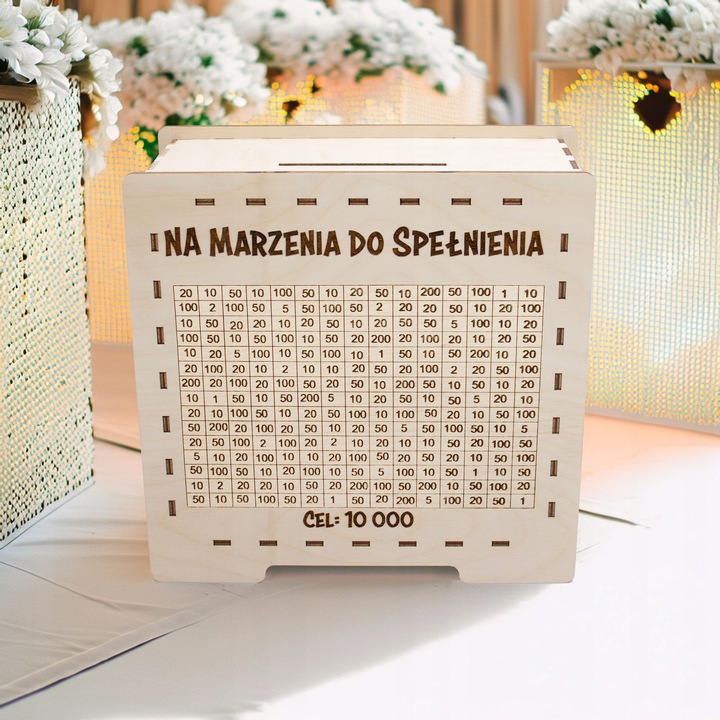 DREWNIANA SKARBONKA WYKREŚLANA PREZENT DOWOLNY NAPIS OSZCZĘDZANIE PIENIĘDZY