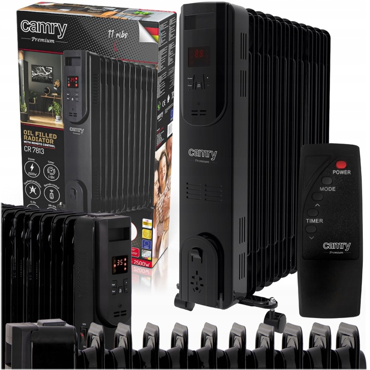 Grzejnik Olejowy LED z pilotem 11 żeberek Olejak 2500W Czarny Camry