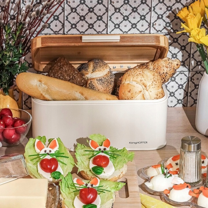 CHLEBAK STALOWY Pokrywa BAMBUSOWA POJEMNIK na PIECZYWO CHLEB BUŁKI