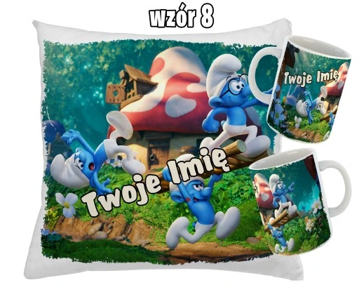 Zestaw SMERFY KUBEK + PODUSZKA RÓŻNE WZORY + IMIĘ UNIKALNY WYJĄTKOWY