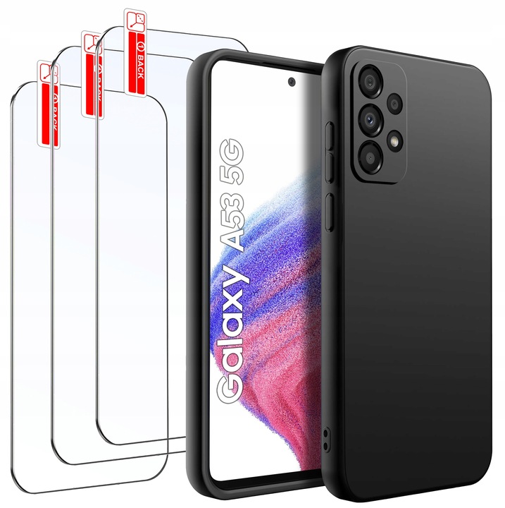 ZESTAW Etui do Samsung A53 5G | Matowe Czarne Silikon Slim +3 SZTUKI SZKŁO