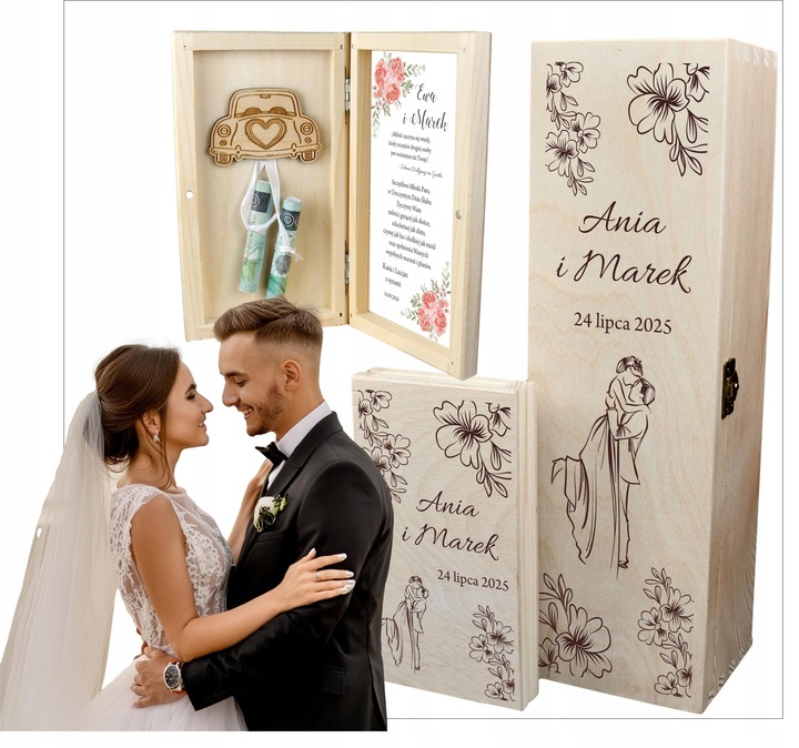 PUDEŁKO SKRZYNKA NA WINO GRAWER PREZENT ŚLUB + PUDEŁKO NA PIENIĄDZE WESELE