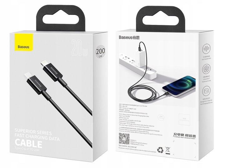 BASEUS KABEL USB-C SZYBKIE ŁADOWANIE DO IPHONE LIGHTNING PRZEWÓD PD 20W 2M