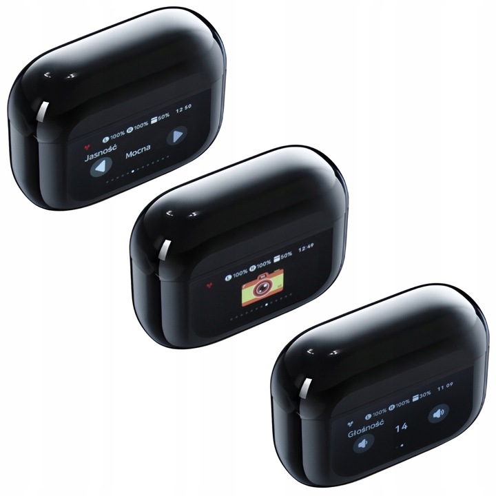 Słuchawki Bezprzewodowe Douszne PRO Lekkie ANC Mikrofon Czarne Wyświetlacz