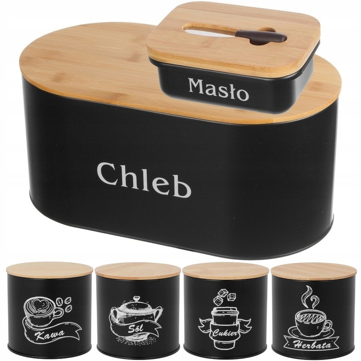 ZESTAW CHLEBAK METALOWY DESKA BAMBUSOWA + POJEMNIKI + MASELNICZKA Z NÓŻEM