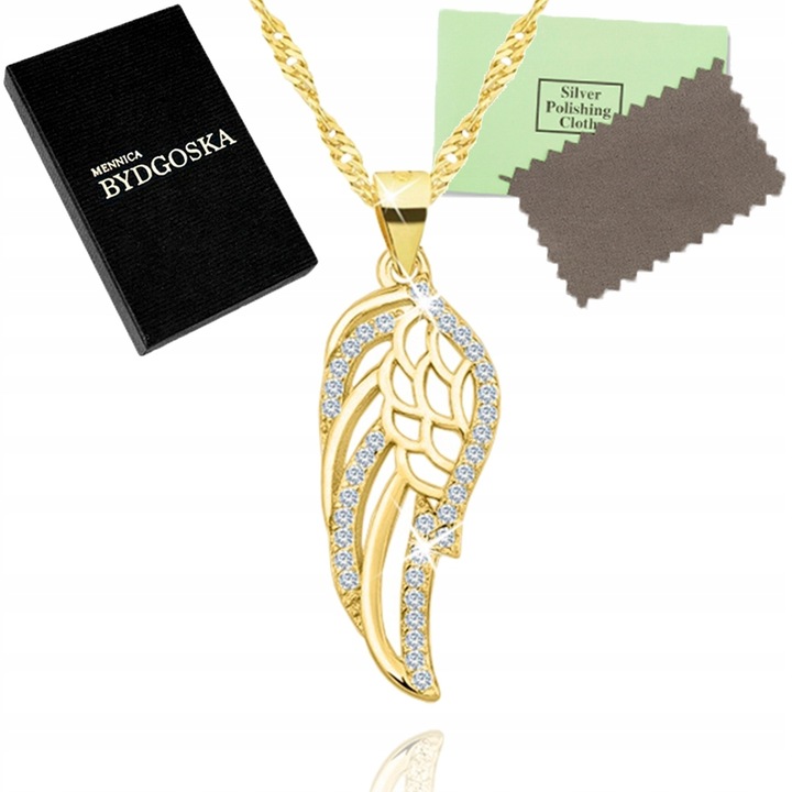 SREBRNY NASZYJNIK SKRZYDŁO ŁAŃCUSZEK Z ZAWIESZKĄ DAMSKI SREBRO POZŁACANE