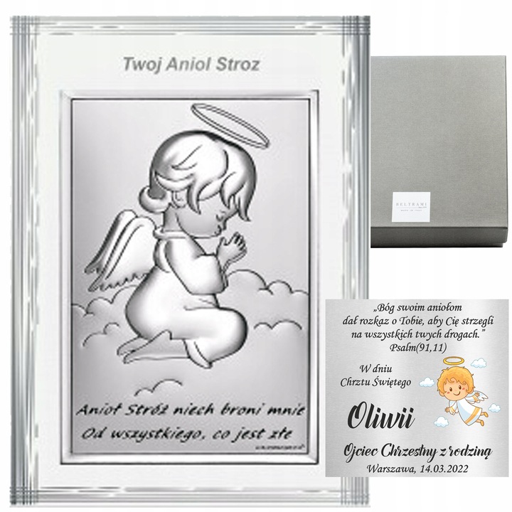 OBRAZEK SREBRNY NA CHRZEST PAMIĄTKA CHRZTU ŚWIĘTEGO ANIOŁEK Z GRAWEREM