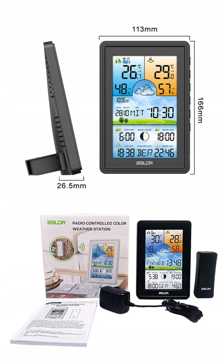 STACJA POGODOWA BALDR BEZPRZEWODOWA BAROMETR TERMOMETR LCD KOLOR