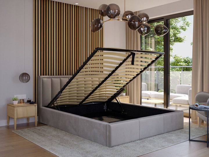 ŁOŻKO TAPICEROWANE MOON Z PODNOSZONYM STELAŻEM POJEMNIKIEM POŚCIEL