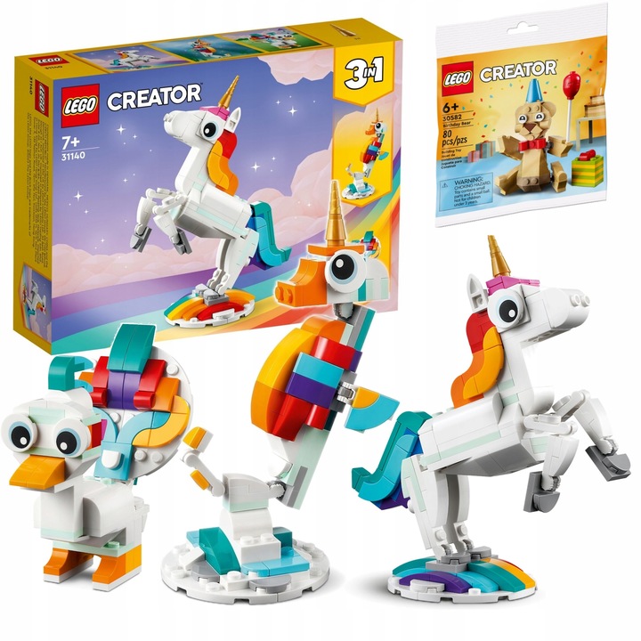 LEGO Creator 3w1 Magiczny jednorożec 31140 + Urodzinowy niedźwiedź 30582