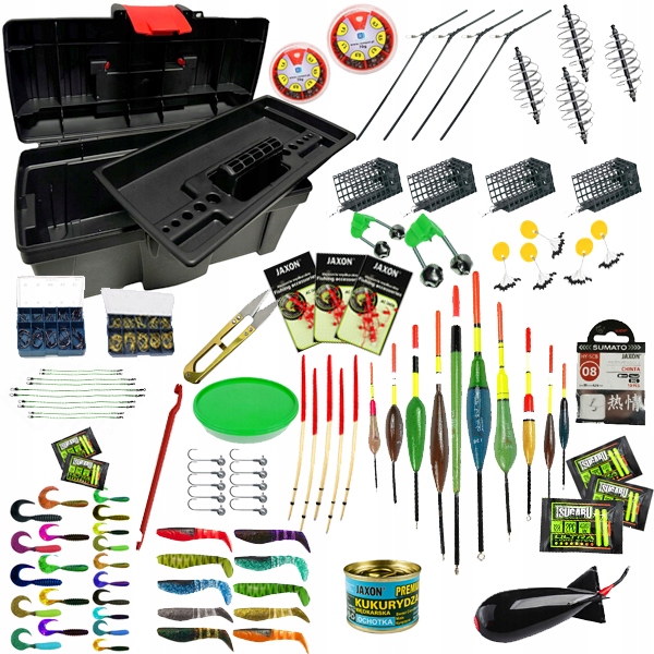 WYPEŁNIONA SKRZYNKA WĘDKARSKA zestaw 155 akcesoriów spinning spławik