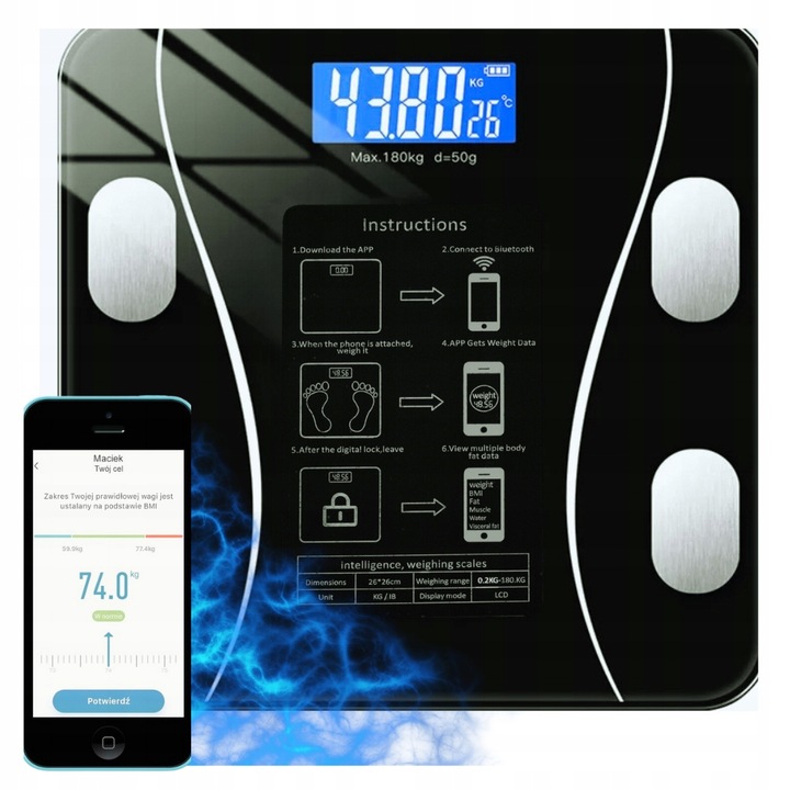 WAGA ŁAZIENKOWA ANALITYCZNA 180KG SMART 25w1 BLUETOOTH APLIKACJA + BATERIE