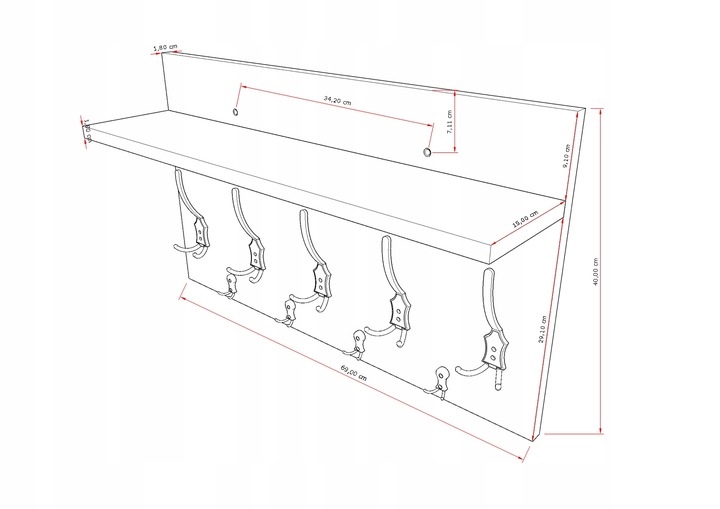 WIESZAK NA UBRANIA - PÓŁKA DO HOLU, NA KURTKI -9 UCHWYTÓW - 9 KOLORÓW