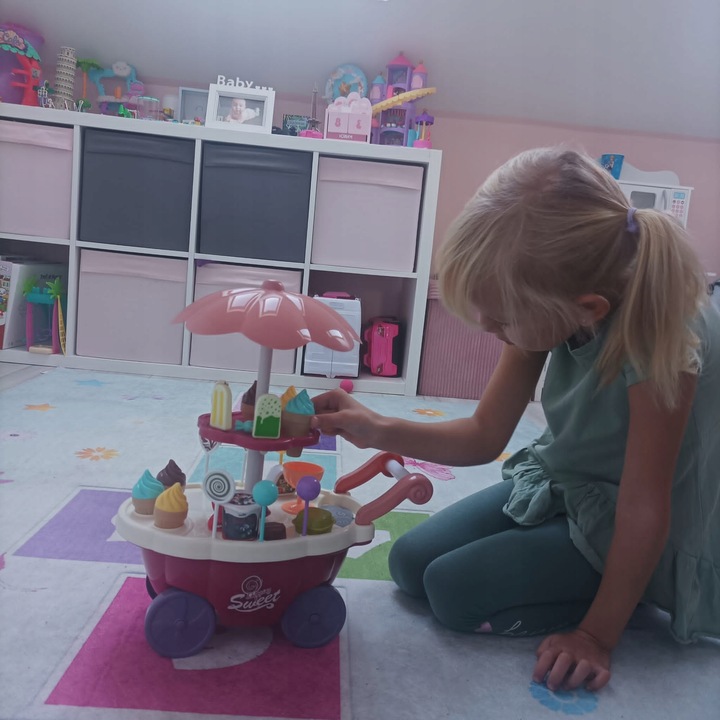 Cukiernia Lodziarnia Sklep Wózek na Kółkach Dźwięk Lody Zestaw + Akcesoria