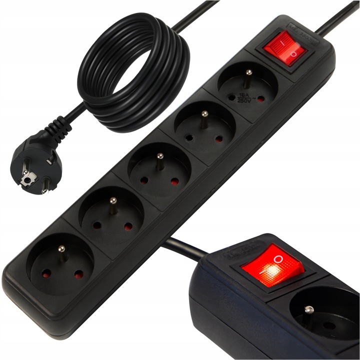 PRZEDŁUŻACZ LISTWA ZASILAJĄCA WŁĄCZNIK MOCNY GRUBY 10m 5 GNIAZD CZARNA