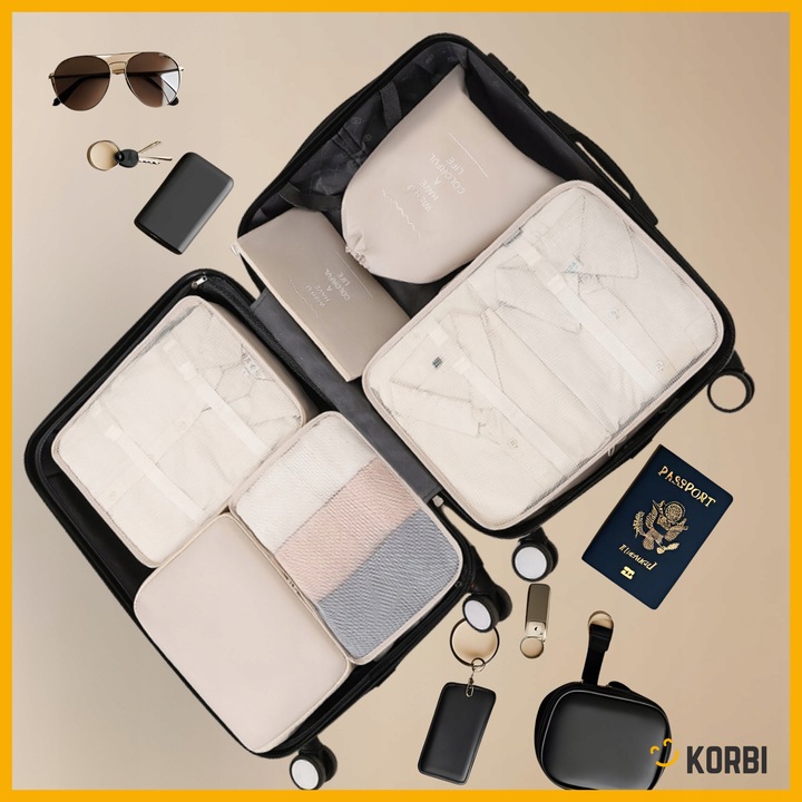 ZESTAW ORGANIZERÓW ORGANIZER PODRÓŻNY WALIZKI SZAFY UBRAŃ KOMPLET 8szt BEŻ