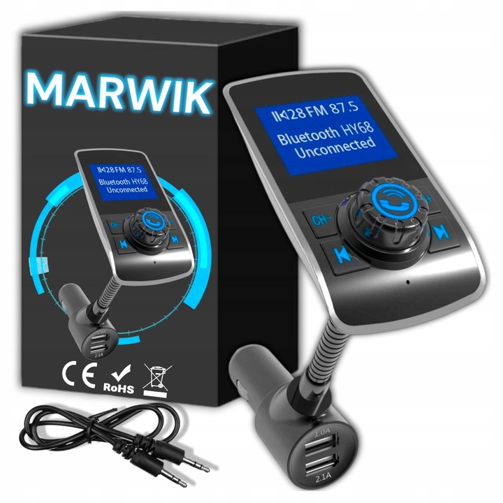 TRANSMITER BLUETOOTH FM SAMOCHODOWY ZESTAW GŁOŚNOMÓWIĄCY NA AUX 2x USB HY68