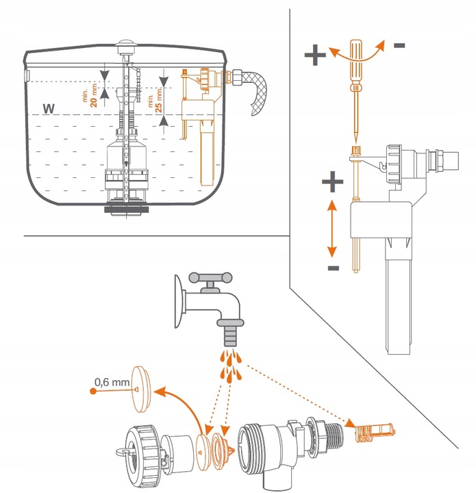 MOSIĘŻNY ZAWÓR NAPEŁNIAJĄCY UNIWERSALNY DO SPŁUCZEK WC Pływak WC 3/8