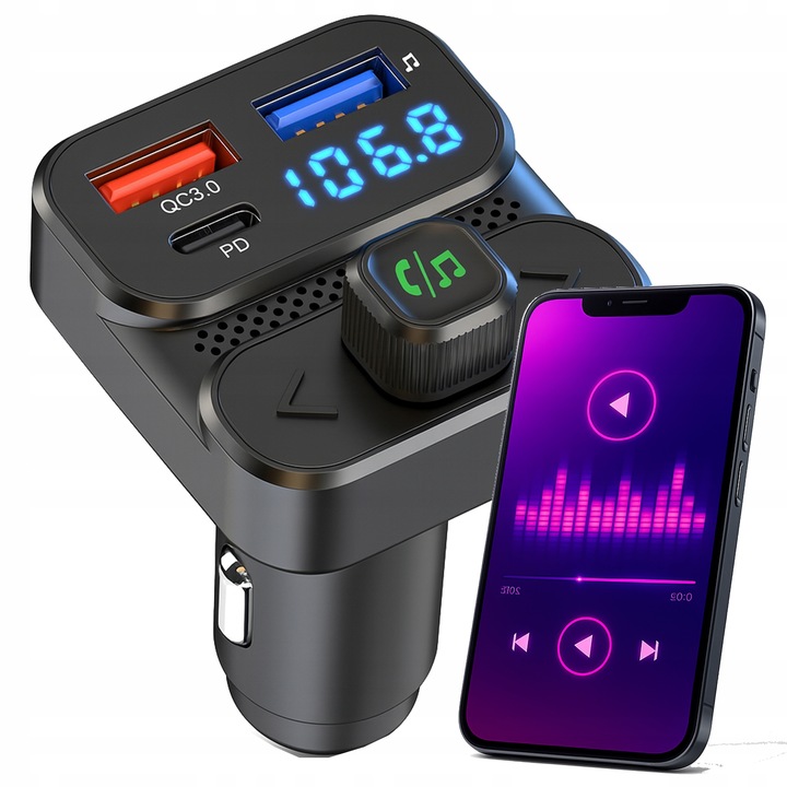 TRANSMITER FM BLUETOOTH 5.3 DRMZ SZYBKA ŁADOWARKA QC3.0 PD 36W USB