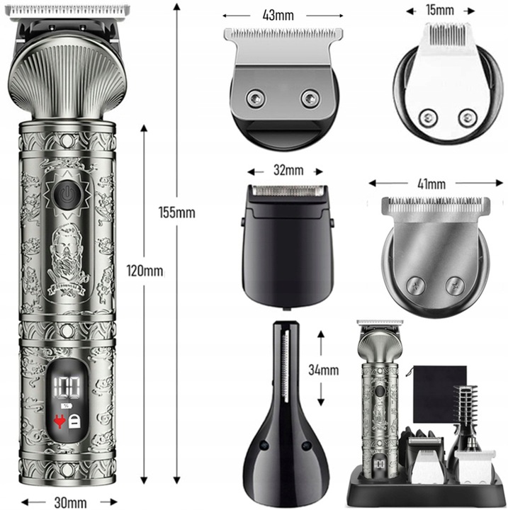 WIELOFUNKCYJNY TRYMER GOLARKA MASZYNKA DO STRZYŻENIA LCD XXL USB 16W1