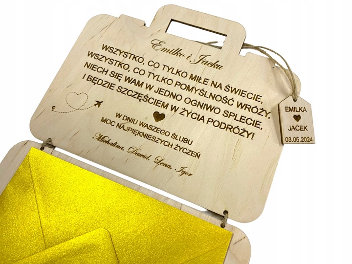 Kartka Na Ślub Ślubna Drewniana kartka Grawer walizka