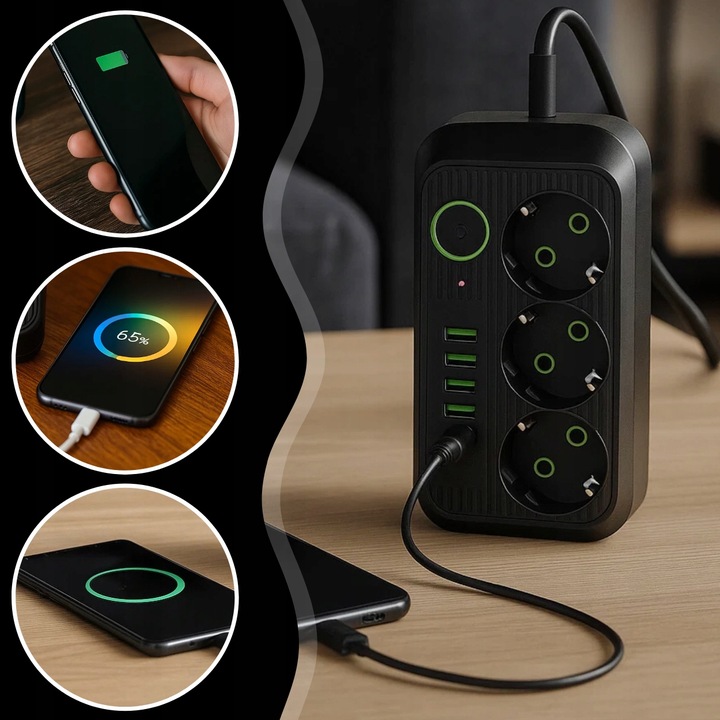 PRZEDŁUŻACZ LISTWA ZASILAJĄCA 1.8M 3 GNIAZDA 230V + 5X USB USB-C ŁADOWARKA