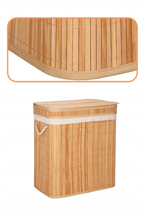 KOSZ BAMBUSOWY NA PRANIE BIELIZNĘ DWUKOMOROWY Z POKRYWĄ POJEMNIK DUŻY 100L