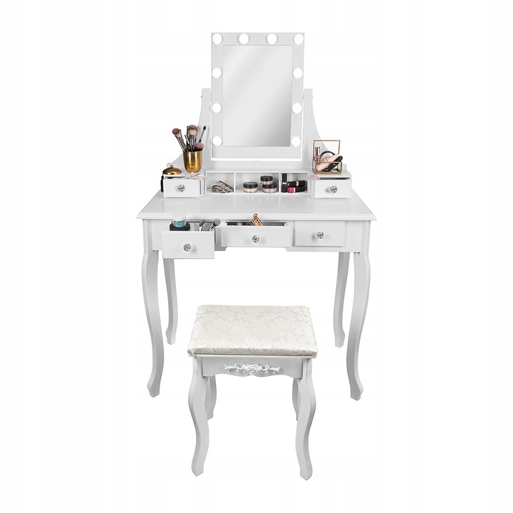 TOALETKA KOSMETYCZNA z LUSTREM LED BIAŁA + TABORET