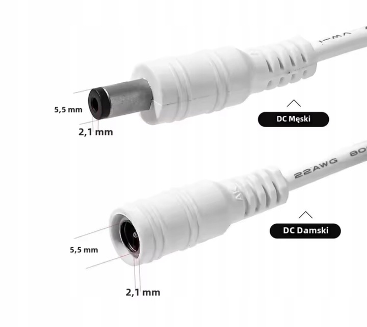 BIAŁY PRZEDŁUŻACZ 5m ZASILANIA KABEL ZASILAJĄCY DO KAMER DC 5,5mm