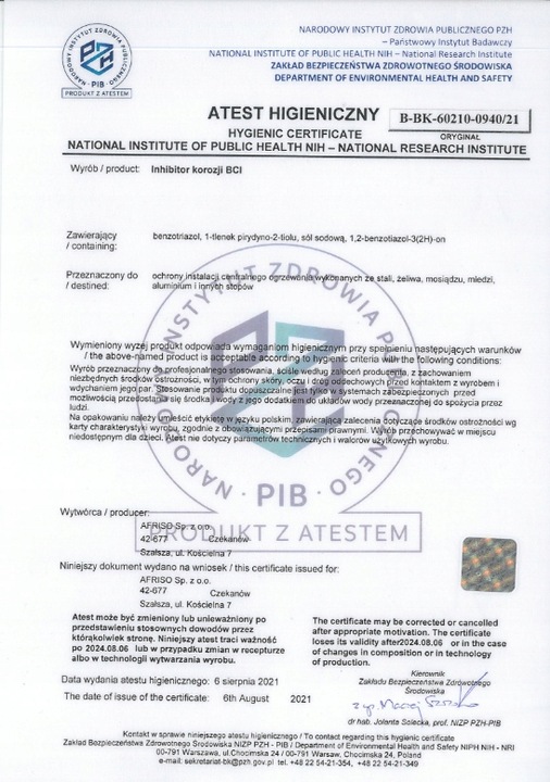 INHIBITOR KOROZJI OSADÓW PREPARAT DO OCHRONY INSTALACJI CO BCI KONCENTRAT