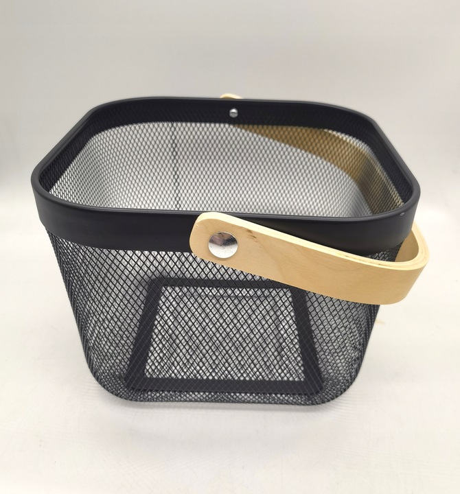 KOSZ OZDOBNY METALOWY KOSZYK Z UCHWYTEM DREWNIANYM NA OWOCE WARZYWA