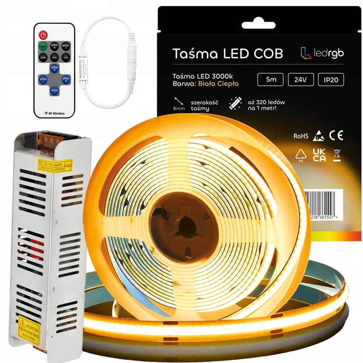 Zestaw Taśma LED Neon COB 24V 5m 3000K BIAŁA CIEPŁA ZASILACZ 60W PILOT
