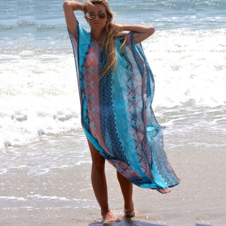 PAREO PLAŻOWA SUKIENKA DŁUGA TUNIKA BOHO PLAŻĘ NARZUTKA na strój kąpielowy