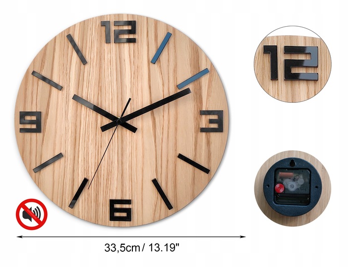 Zegar ścienny drewniany Dębowy ARABIK - 33 cm cichy, zegar do salonu