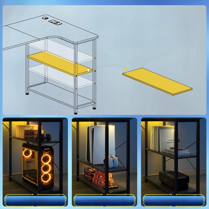 Biurko Gamingowe Narożne z półką i portem ładowania USB na Czarnym