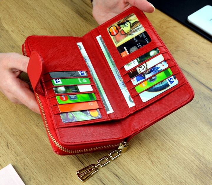 PORTFEL DAMSKI PODWÓJNY Czerwony Organizer Duży stylowy