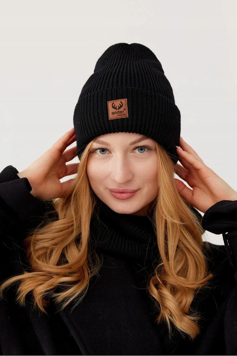 Komplet damski Ander czapka i komin zimowy wełna merino BRIGID BLACK
