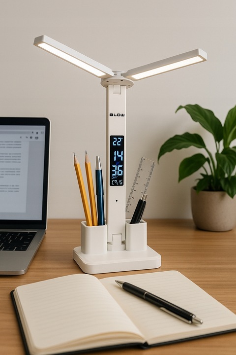 PODWÓJNA LAMPKA BIURKOWA LED Z WYŚWIETLACZEM ZEGAR DATA ORGANIZER TEMP