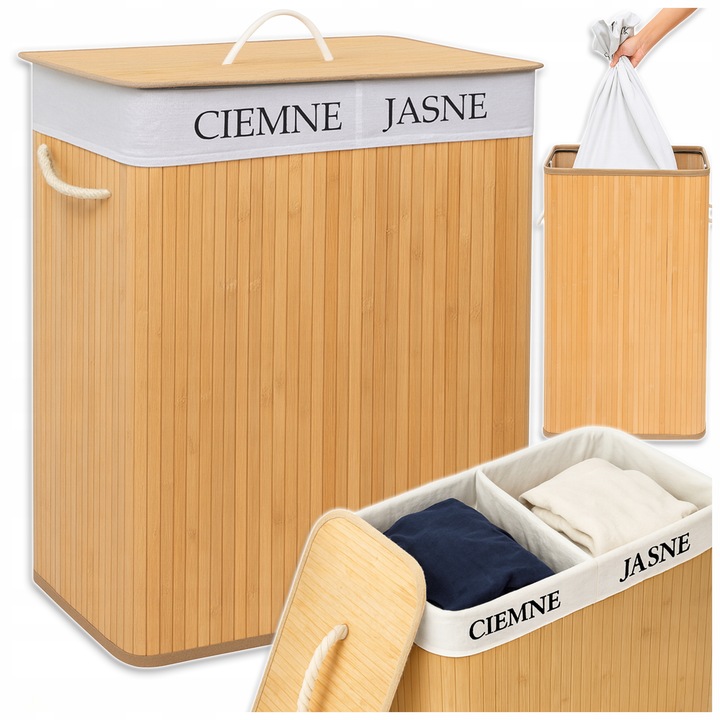 KOSZ BAMBUSOWY NA PRANIE BIELIZNĘ ZAMYKANY DWUKOMOROWY POJEMNIK WĄSKI 100L