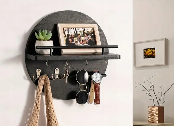 DREWNIANY WIESZAK ŚCIENNY NA KLUCZE KURTKI DO PRZEDPOKOJU PÓŁKA CZARNY