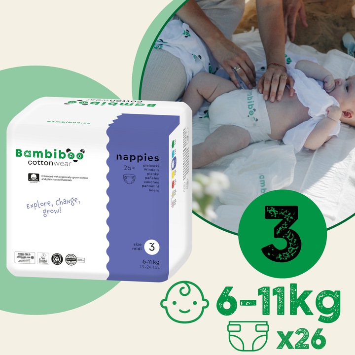 PIELUSZKI BAMBIBOO PIELUCHY COTTONWEAR r. 3 MIDI Jednorazowe 6-11kg 26szt.