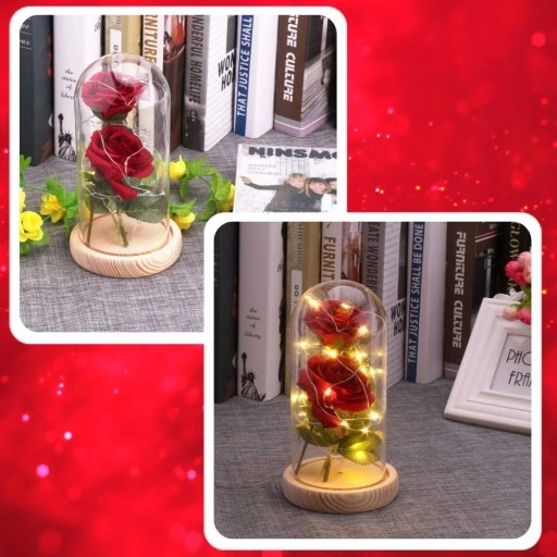 WIECZNA RÓŻA W SZKLE ŚWIECĄCA LED PREZENT PUDEŁKO NA WALENTYNKI DZIEŃ BABCI