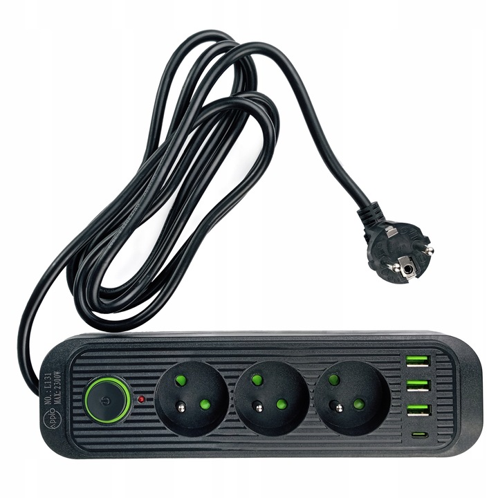 PRZEDŁUŻACZ APPIO listwa zasilająca 2m 3 gniazda + 3x USB + 1x USB C