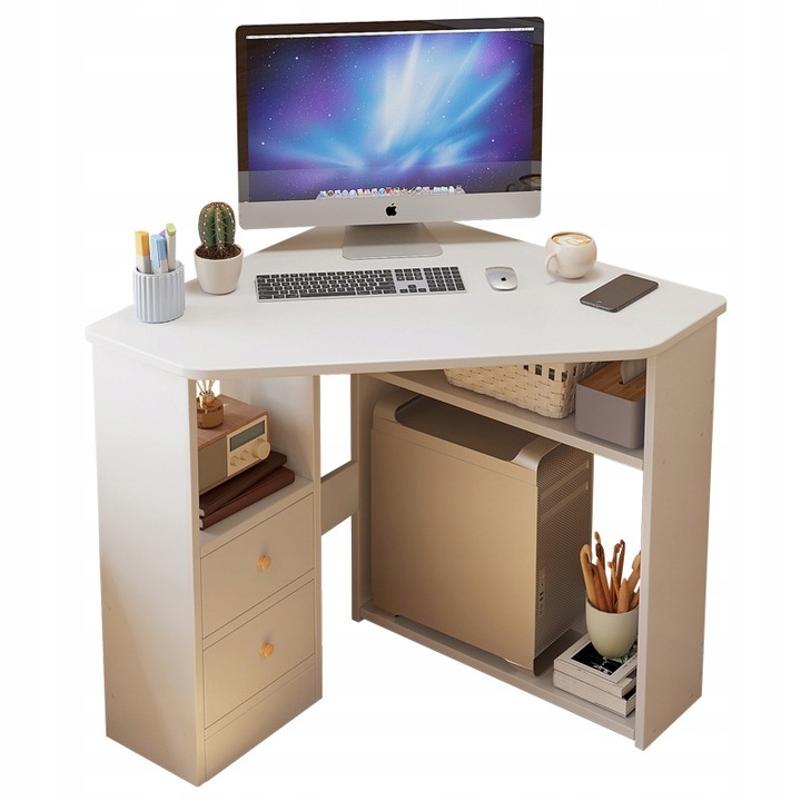 BIURKO NAROŻNE TRÓJKĄTNE KOMPUTEROWE Z PÓŁKAMI NOWOCZESNE BIAŁE LOFT