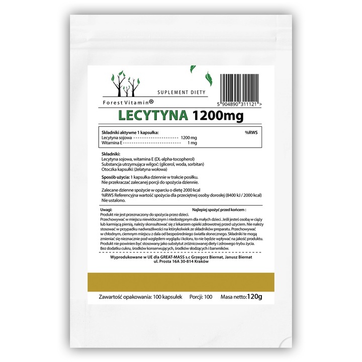 LECYTYNA SOJOWA 1200mg PAMIĘĆ KONCENTRACJA 100 kaps FOSFOLIPIDY CHOLINA