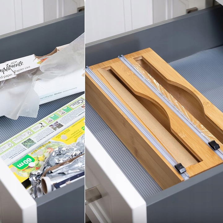 DOZOWNIK BAMBUSOWY DO FOLII SPOŻYWCZEJ Z OBCINACZEM KUCHENNY DWUKOMOROWY