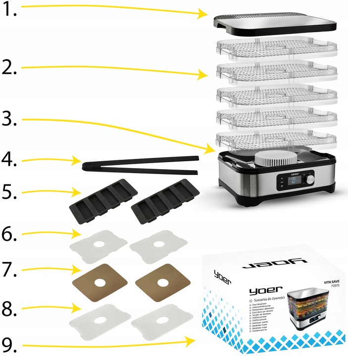 DUŻA Suszarka do Grzybów Owoców Warzyw Yoer INOX +Termoobieg 450W +Timer