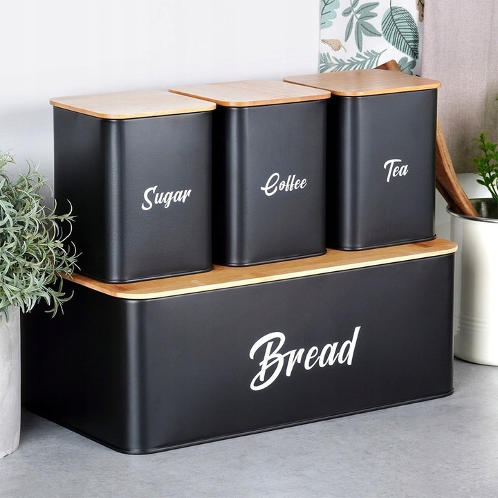 Chlebak CZARNY metalowy bambusowy pojemnik kuchenny na pieczywo chleb
