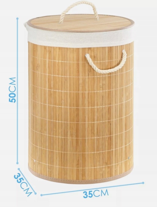 OKRĄGŁY KOSZ NA PRANIE BIELIZNĘ BAMBUSOWY ZAMYKANY SKŁADANY POJEMNY
